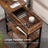 FABATO End Table with Power Outlets Flip Top Nightstands with 2-Tier Storage Shelf and 2 USB Charging Ports Narrow Sofa Side Table for Small Spaces Living Room Bedroom Rustic Brown