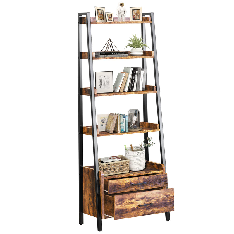 FABATO 3 4 5-Tier Ladder Shelf Bookcase with 2 Drawer Organizer Display Shelves Freestanding Bookshelf with Metal Frame for Living Room Office Kitchen Rustic Brown