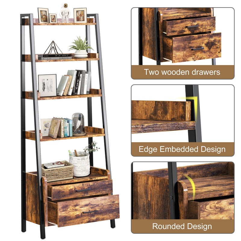 FABATO 3 4 5-Tier Ladder Shelf Bookcase with 2 Drawer Organizer Display Shelves Freestanding Bookshelf with Metal Frame for Living Room Office Kitchen Rustic Brown
