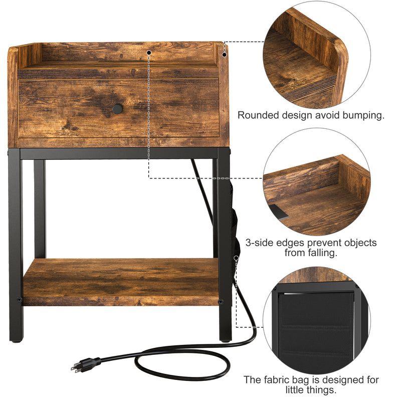 FABATO End Table with Charging Station Nightstands with Drawer and Fabric Bag Storage & USB Ports Narrow Sofa Side Table for Small Spaces with Metal Frame Living Room Bedroom, Rustic Brown