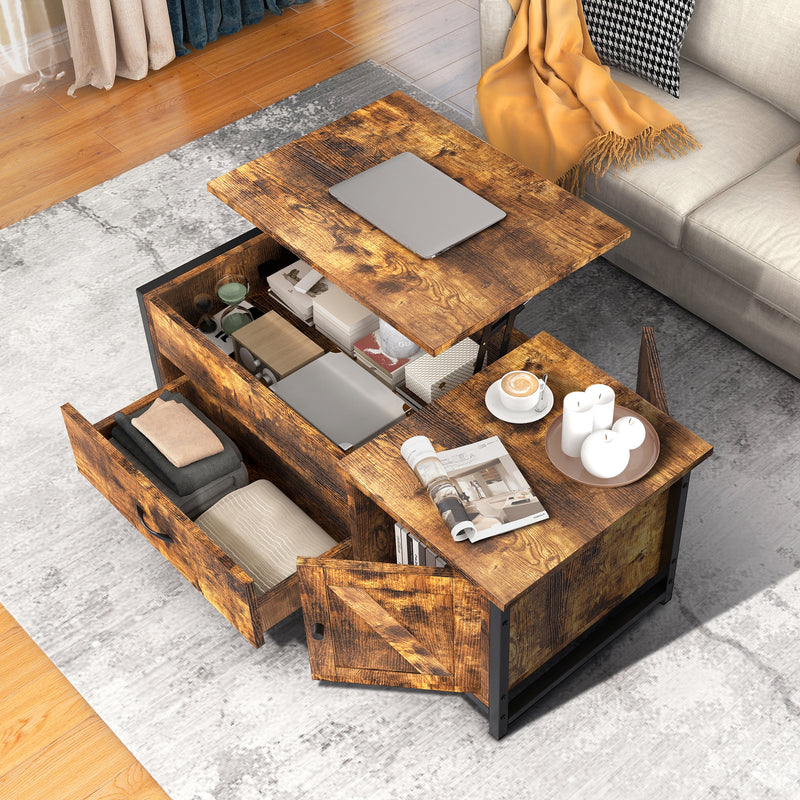 FABATO Lift Top Coffee Table With Storage Drawer Hidden Compartment Cabinet For Living Room Folding Wood End Table Rustic Brown